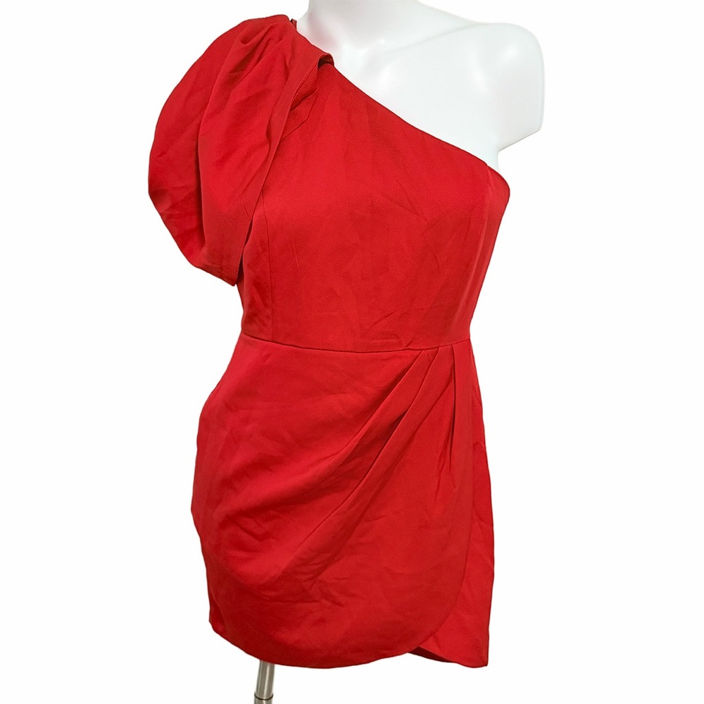 Red One-Shoulder Cocktail Dress women large puffed sleeve wedding party glam